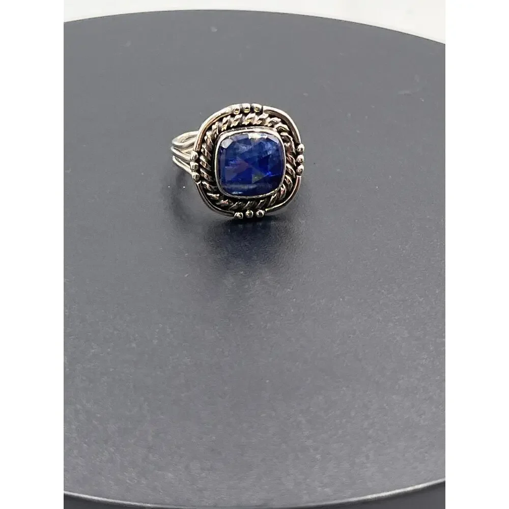 Artisan Twisted Sterling Silver Cushion Cut Deep Blue Kyanite Stone‎ ring Sz  9